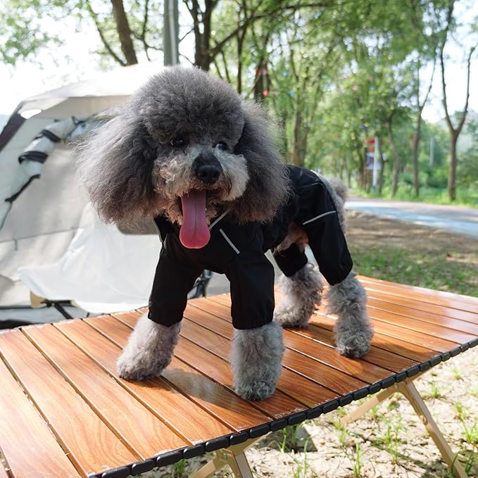 LOVELONGLONG Waterproof Dog Raincoat with Removable Hood – Outdoor Full Body Dog Jacket, Windproof Snowproof Shell Suit – All Season Pet Rain Gear Black XXS
