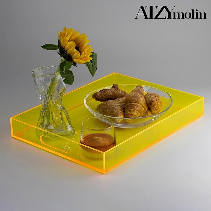 16"x12" Large Acrylic Serving Tray Decorative Ottoman Coffee Table Vanity Tray Tea Fruit Platter Snack Appetizer Dessert Drink with Handles for Bar Kitchen Party, Neon Yellow