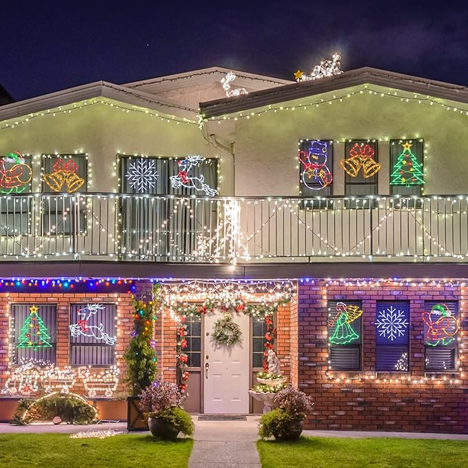 Christmas Decorations - 16" Christmas Window Silhouette Lights - 4 Pack Colour Lighted Santa & Reindeer & Christmas Tree & Bell for Holiday Indoor and Outdoor Wall Door Window Decorate