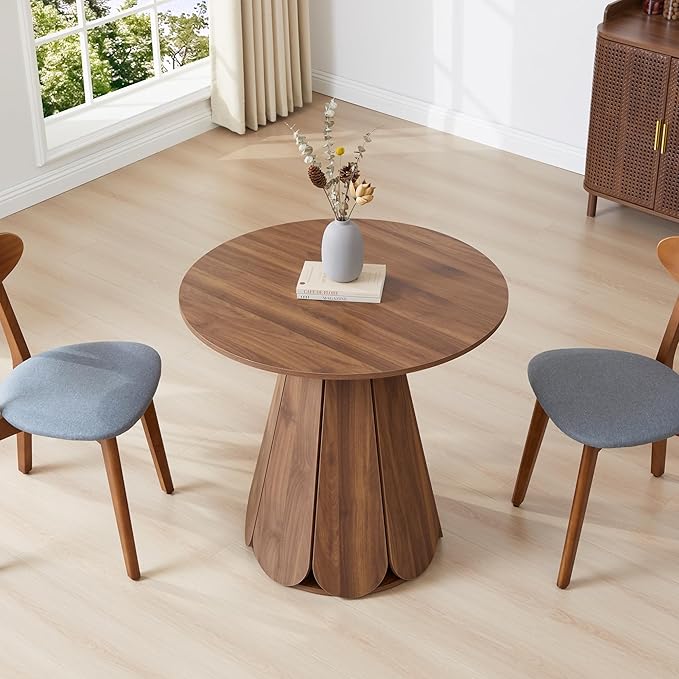 31.5 inch Small Round Dining Table, Modern Kitchen Table for 2 to 4 Person, Farmhouse Wood Circle Dining Room Tables with Pedestal Base, Space Saving Dinner Tables for Apartment, Small Space, Walnut
