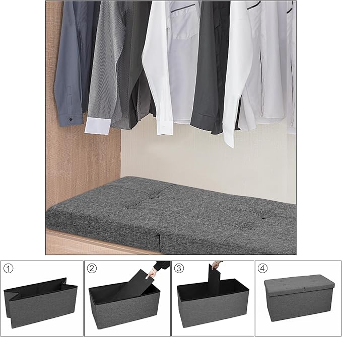 CAROLMADE 30 Inches Storage Ottoman Bench with Flipping Lid, Linen Foldable Storage Footrest, Ottoman with Storage for Living Room Holds up to 330lbs, Dark Grey