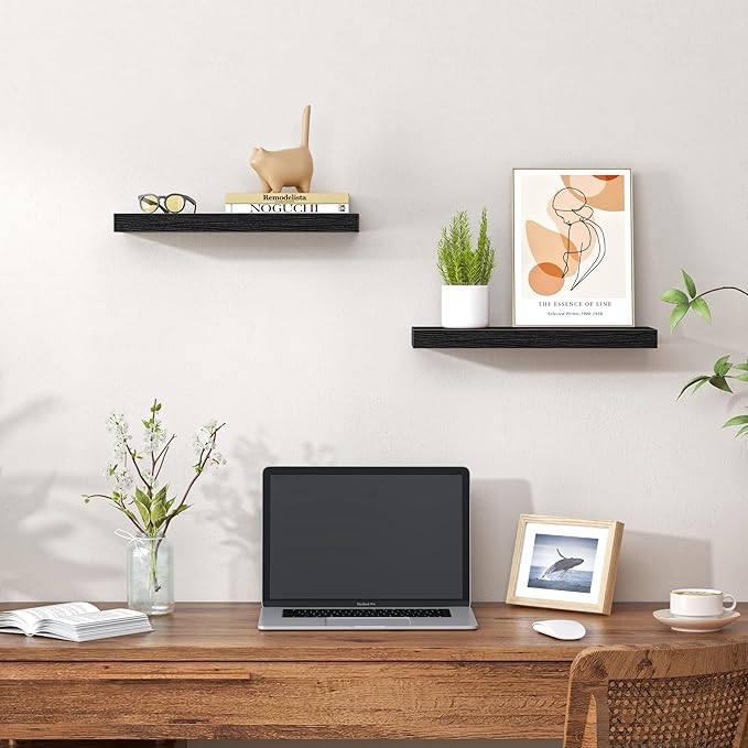 Heimlove Floating Shelves for Wall,16 inchs Shelf for Small Bathroom,Mounted Storage & Display Shelves for Bedroom,Living Room,Kitchen,Office,Set of 2,Black