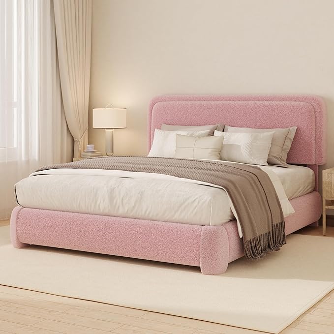 Queen Boucle Platform Bed Frame with Height Adjustable Headboard, Modern Upholstered Cloud Bed, Sleek Curved Design, No Box Spring Needed, Easy Assembly, Noise Free, Pink