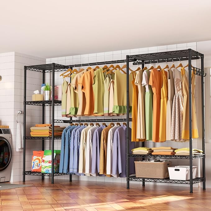 Heavy Duty Garment Rack Clothes Rack,Large Metal Closet Organizer System Storage Wardrobe,Freestanding Clothing Rack with 9 Adjustable Wire Shelves&3 Hang Rods,MaxLoad 1500lbs