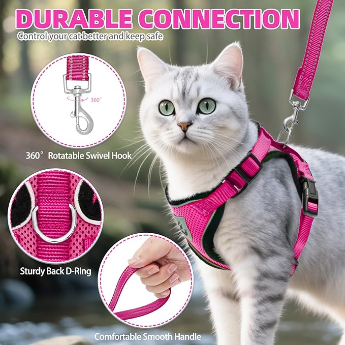 PUPTECK Cat Harness and Leash Set Escape Proof Reflective Cat Walking Harness Adjustable Soft Breathable Mesh Vest for Small Pets, Deep Pink, S