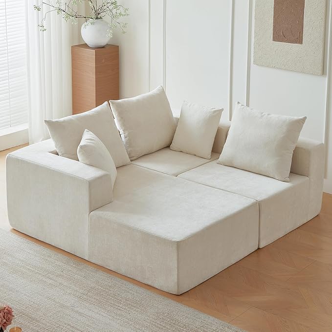 101" Cloud Couch Sectional, Corduroy Boneless Couch with L Shape Chair, All-Foam Compressed Sofa for Living Room, No Assembly Required (Beige)