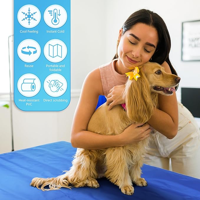 Fayoo Cooling Gel Mat for Dogs - 35.4x23.6 Inch Portable Pet Cooling Pad with Ice Silk Surface Bed for Indoor, Outdoor, Travel Includes Storage Bag (Blue)