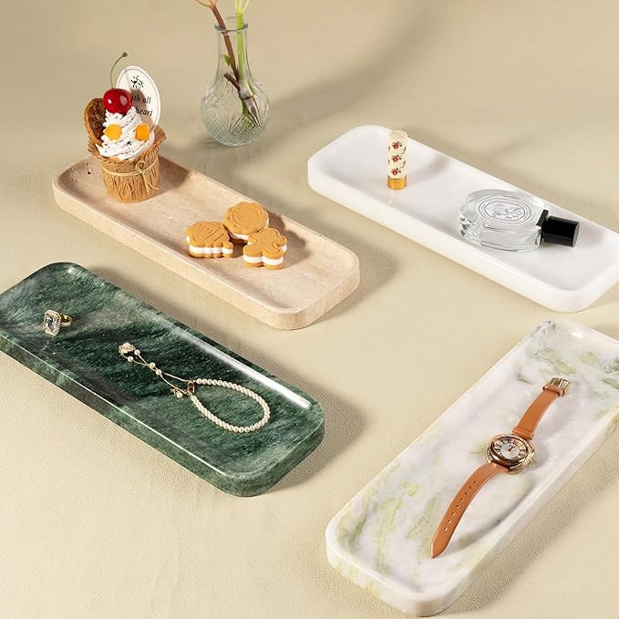 Koville Travertine Tray for Bathroom Sink, 12"x4" Natural Stone Vanity Tray for Kitchen Dresser Countertop, Rectangular Decorative Marble Tray for Jewelry Perfume Trinket(Beige)