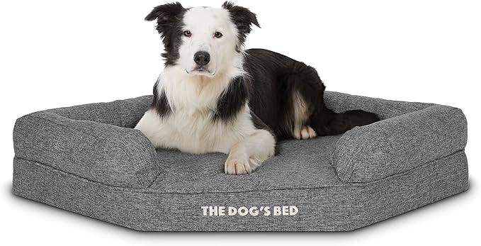 The Dog’s Bed Memory Foam Waterproof Corner Dog Bed, Large, Grey Linen, Eases Pet Arthritis & Hip Dysplasia Pain, Therapeutic & Supportive, Washable Linen Fabric Cover