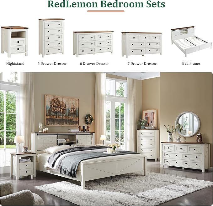 RedLemon Farmhouse Queen Size Bed Frame with Bookcase Headboard, Sliding Barn Door, Storage Cabinet, Charging Station, Wood Slats Support, No Box Spring Needed, Antique White
