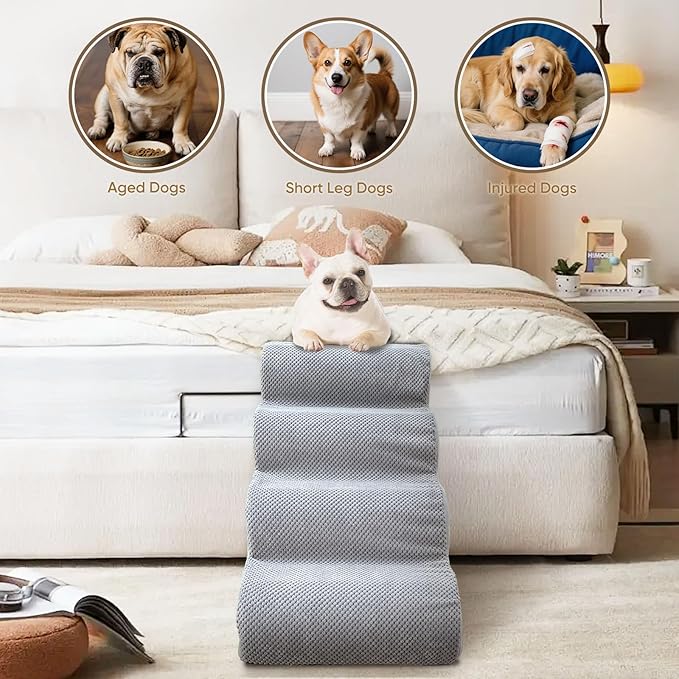 PAWSCART Dog Stairs for Small Dogs and Cats, 4-Step Dog Steps for Bed, 19.6" H Pet Stairs for High Bed, Pet Ramp for Couch, Sofa, Non-Slip Surface Removable Washable Cover, LightGrey