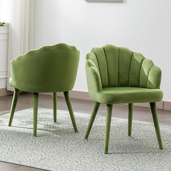 Velvet Dining Chairs Set of 2 Modern Living Room Chairs with Petal Back & Wood Legs Comfy Upholstered Side Chair for Dining Room/Bedroom/Vanity, Olive