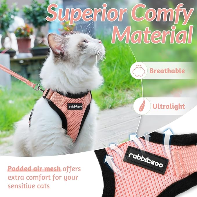 rabbitgoo Cat Harness and Leash for Walking, Escape Proof Soft Adjustable Vest Harnesses for Cats, Easy Control Breathable Reflective Strips Jacket, Light Salmon Pink, M