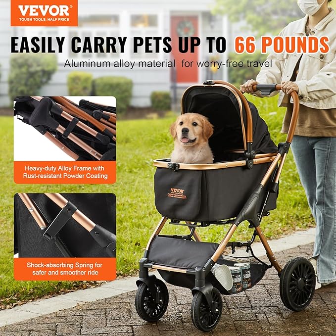 VEVOR Large Pet Stroller for Medium Large Dogs and Cats, Up to 66lbs, Detachable Carrier and Storage Basket