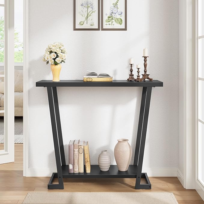 Tajsoon Console Table 31.5" Rustic, 2 Tier Industrial Entryway Table with Storage Shelf, Narrow Sofa Table with Geometric Frame, Small Hallway Table for Living Room, Foyer, Entrace, Black