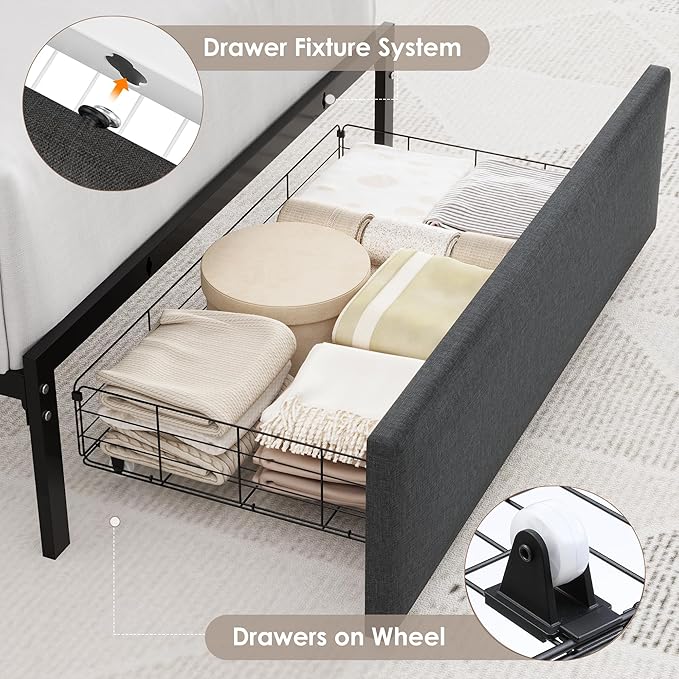 Keyluv Twin Bed Frame with Storage Headboard & Charging Station, Upholstered LED Platform Bed with Bedside Storage Rack & Drawer, Metal Slat Support, No Box Spring Needed, Linen Fabric, Black