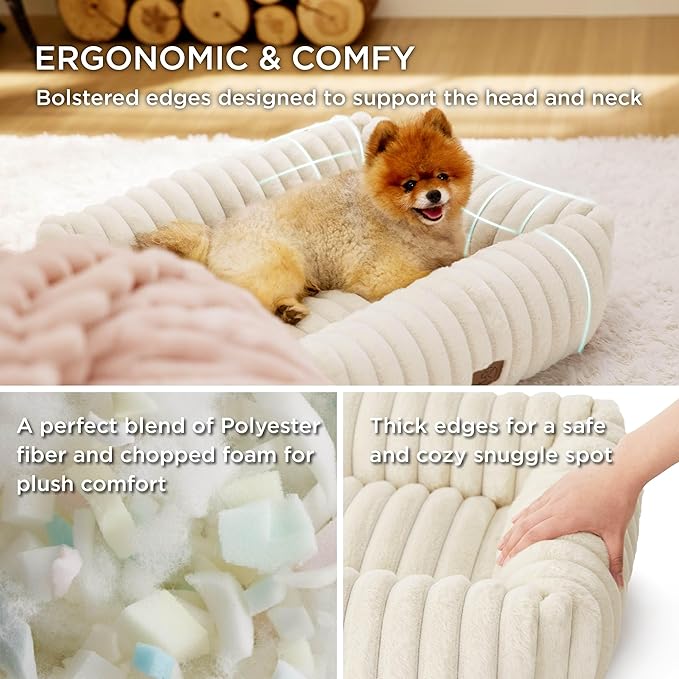 Bedsure Cute Dog Bed Medium Size Dog - Washable Furry Puppy Beds, Rectangle Orthopedic Corduroy Fleece Pet Beds with Removable Zipper Cover, 30x24x8inches, Cream