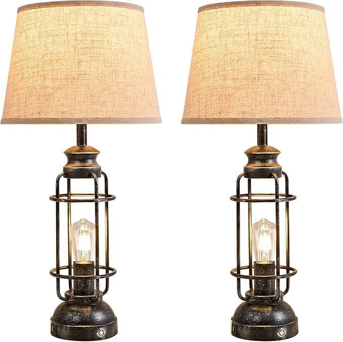 28" Table Lamps for Living Room Set of 2, 3 Way Dimmable Touch Lamps with USB A+C Ports,Farmhouse Table Lamps for Bedroom,Industrial Lamp for Living Room End Tables, 4 Bulbs Included