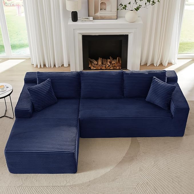 Modular Cloud Sectional Couch with L-Shape Chaise,Modern Upholstered Couches with Deep Seat,Corduroy Sponge Compressed Sofa for Living Room,No Assembly Required (Blue)