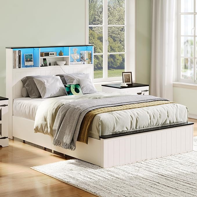 Yoobure Full Size Bed Frame with Headboard - Farmhouse Wood Bed Frames with 4 Storage Drawers, Platform Beds with Charging Station & LED Light, No Noise Double Bedframe, No Box Spring Needed, White