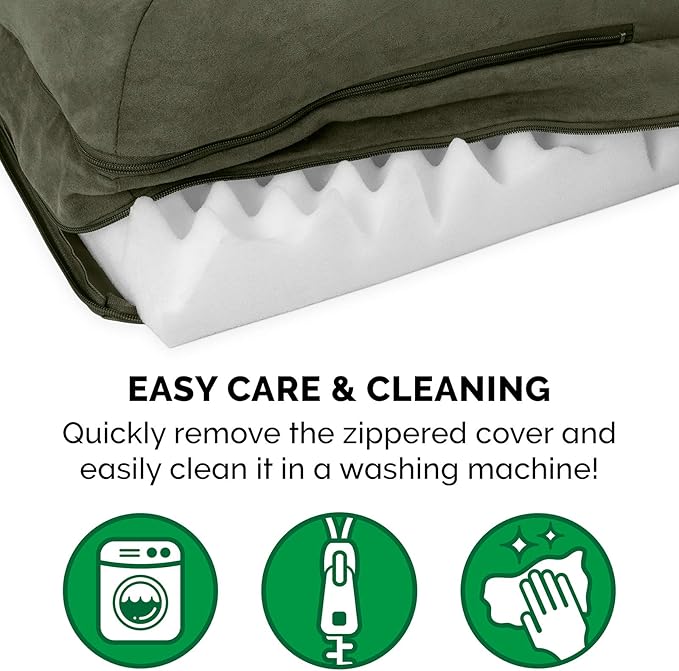 Furhaven Orthopedic Dog Bed for Medium/Small Dogs w/ Removable Bolsters & Washable Cover, For Dogs Up to 35 lbs - Two-Tone Plush Faux Fur & Suede L Shaped Chaise - Dark Sage, Medium