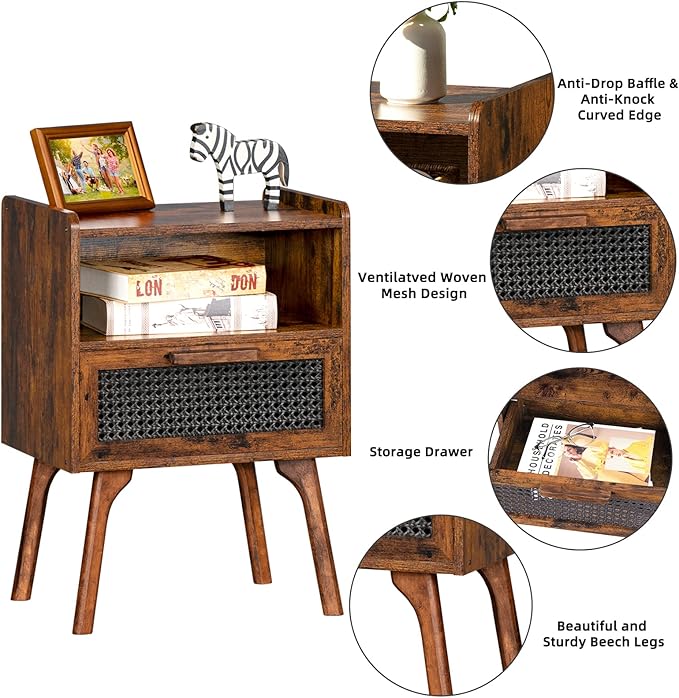 Lerliuo Rattan Nightstands Set of 2, Boho Side Table with Drawer Open Shelf, Cane Accent Bedside End Table with Solid Wood Legs for Bedroom, Dorm and Small Spaces (Brown)