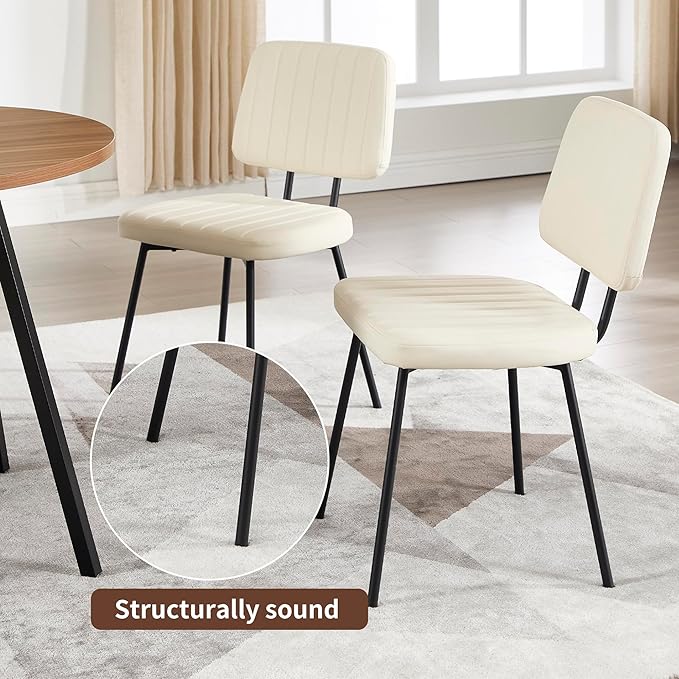 Dining Chairs Set of 2, Faux Leather Upholstered Dining Chairs, Mid Century Modern Kitchen Dining Room Accent Chairs with Curved Backrest and Steel Frame for Living Room, Vanity - White