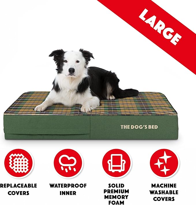 The Dog’s Bed Orthopedic Memory Foam Dog Bed, Large Green Tartan 40x25, Pain Relief for Arthritis, Hip & Elbow Dysplasia, Post Surgery, Lameness, Supportive, Calming, Waterproof Washable Cover