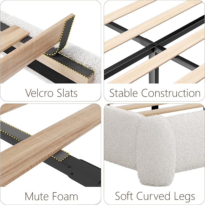 Queen Bed Frame with Headboard Adjustable, Boucle Upholstered Platform Bed Frame Queen Size, Anti-Collision Soft Rounded Corners, No Box Spring Needed, Noise-Free, Easy Assembly, White