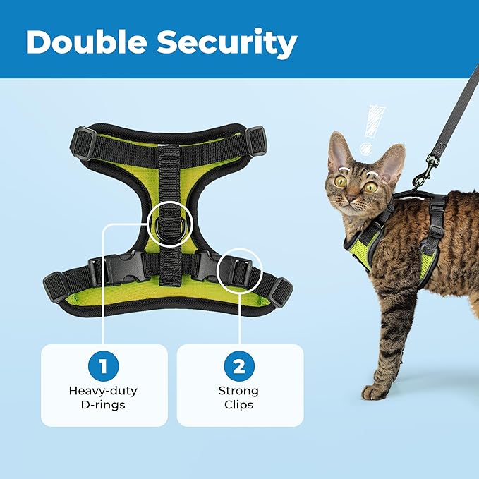Voyager Escape Proof Cat Harness and Leash Set with Reflective Stitching, Neoprene Handle 5ft - Supports Small, Medium and Large Cats, Kittens for Walking by Best Pet Supplies - Black Trim-Lime, XXXS