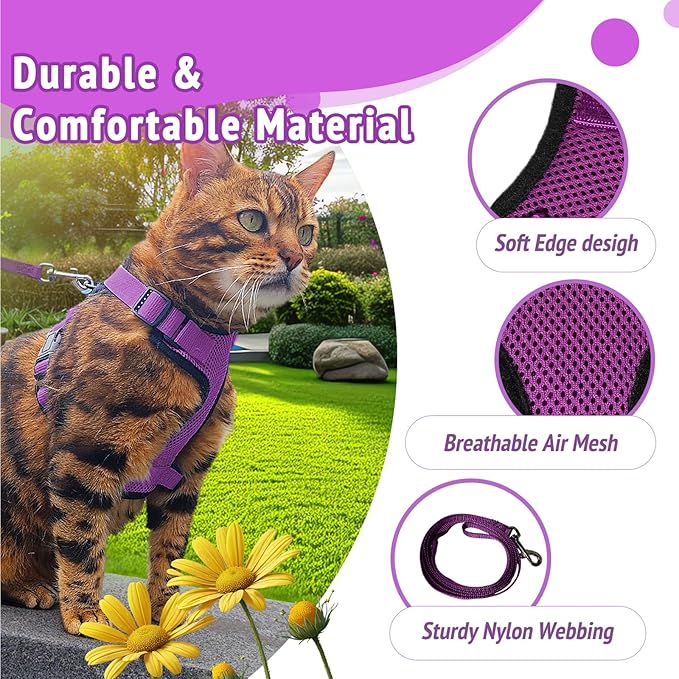Cat Harness and Leash Set,Escape Proof Adjustable Cat Harness,Soft and Breathable Kitten Harness and Leash with Reflective Strips for Walking and Traveling(Purple, Small(8.9-16.6lb))