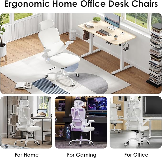 Farini Ergonomic Office Chair, Desk Chair with Headrest and Lumbar Support, High Back Swivel Home Office Chair with Headrest for Home Office Bedroom, Gifts, White & Beige