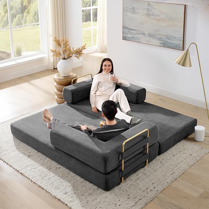 Antetek Convertible Futon Sofa Bed, 3-Seater Modern Corduroy Foam Floor King Size Bed Fold Out Sleeper Lounge Loveseat Sofa Couch with 2 Throw Pillows for Living Room Bedroom Guest Room, Dark Grey