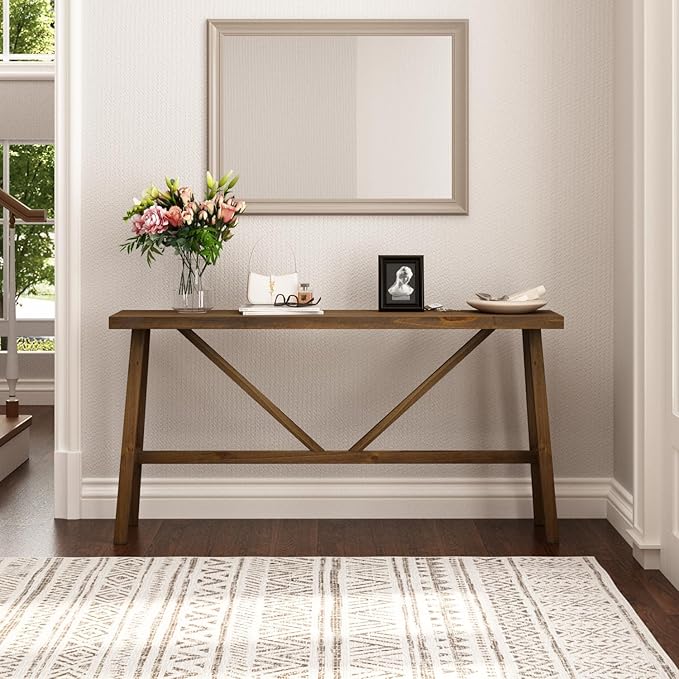 Wnutrees 63" Farmhouse Solid Wood Console Tables, Rustic Hallway Table, Solid Firwood Sofa Table for Entryway, Living Room, Easy Assembly, Natural