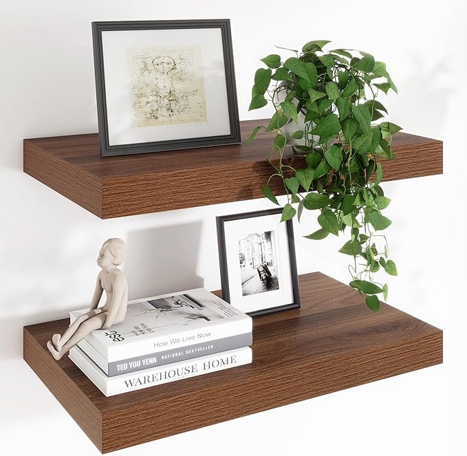 Heimlove 24 x 12 Inch Deep Floating Shelves Wall Mounted with Invisible Brackets,Storage Hanging Shelf for Wall Decor in Bathroom, Bedroom, Toilet, Kitchen, Living Room, Office Set of 2 (Walnut)