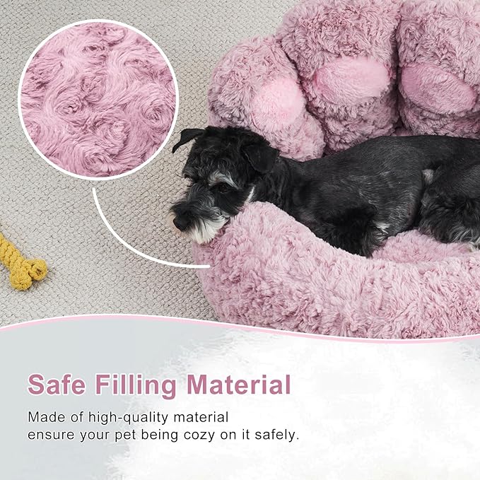 Jiupety Paw Shape Calming Pet Bed, Plush Faux Fur Donut Bed for Dogs & Cats, Machine Washable, Non-Slip Bottom, Medium (22"×22"×6"), Purple