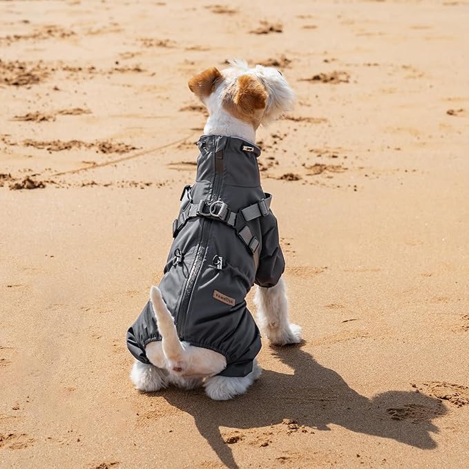 Dog Raincoat with Harness for Small and Medium Dogs, Adjustable Waterproof Dog Rain Jacket,Reflective Rainproof Puppy 4 Legs Raincoat-Grey,M