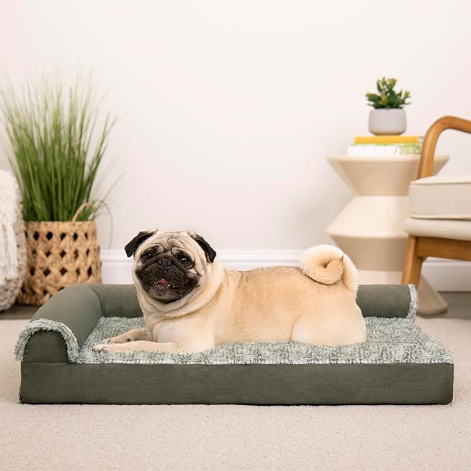 Furhaven Orthopedic Dog Bed for Medium/Small Dogs w/ Removable Bolsters & Washable Cover, For Dogs Up to 35 lbs - Two-Tone Plush Faux Fur & Suede L Shaped Chaise - Dark Sage, Medium
