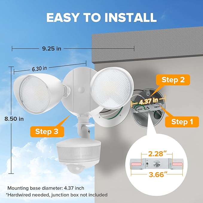 LUTEC 34W 3700 Lumen LED Security Light Motion Sensor Outdoor Lights with Night Light, 5000K Daylight, IP65 Waterproof, Dusk to Dawn, Hardwired Motion Detector Flood Light for Garage, Yard-Black