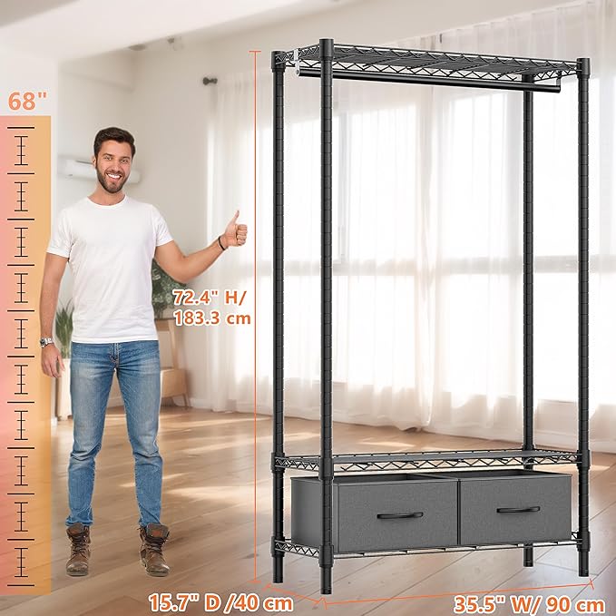 Heavy Duty Rolling Garment Rack 3 Tiers Adjustable Wire Shelving with Rod, Storage Closet Clothing Rack with Drawers Dark Grey, 15.8" D x 35.5" W x 72.4" H