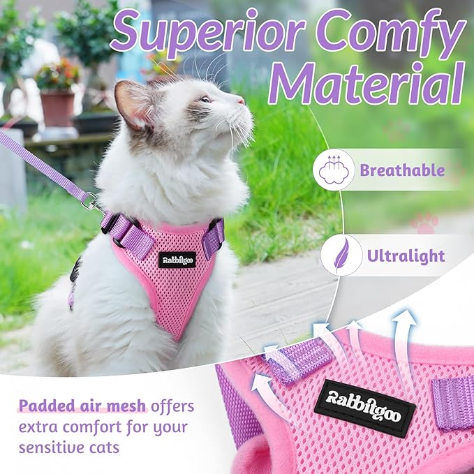rabbitgoo Cat Harness and Leash for Walking, Escape Proof Soft Adjustable Vest Harnesses for Cats, Easy Control Breathable Reflective Strips Jacket, Pink & Purple, S