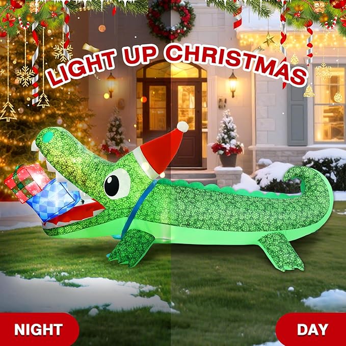 9.3 FT Christmas Inflatable Outdoor Decorations, Inflatables Christmas Crocodile Yard Decor with Christmas Hat & Gift Box, Built-in LED Lights Blow up Xmas Alligator for Outside Lawn Garden Indoor