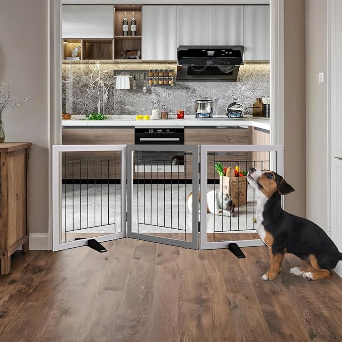 ZJSF Freestanding Dog Gate Indoor, Foldable Dog Fence for Doorways,Hallways or Stairs, Sturdy Wood Extra Wide Pet Gate with Support Feet,Grey,24 "Height-3 Panels