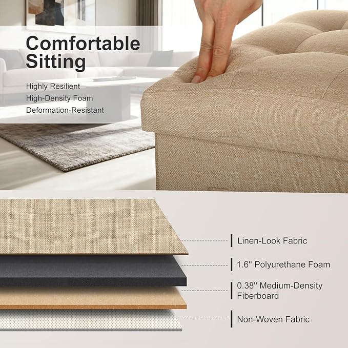 Ottoman with Storage, Small Storage Ottoman Foot Rest with Thicker Foam Padded Seat. 61L Slim Tall Foldable Linen Cloth Foot Stool for Living Room Bedroom, 300lbs Weight Support, 17x13x13IN, Beige