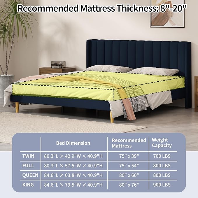 King Size Upholstered Platform Bed Frame with Modern Wingback & Vertical Panel Headboard, Linen Fabric, Wooden Legs & Slats Support, No Box Spring Needed, Noise-Free & Easy Assembly, Dark Blue