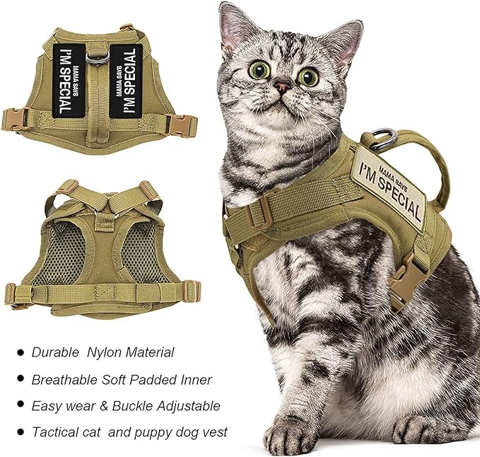 Forestpaw Cat Harness Escape Proof for Walking,Adjustable Cat Vest Harness with Soft Mesh Padded,Tactical Cat Harness with Control Handle,Molle Patches,Khaki