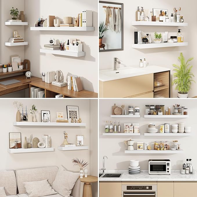 fuqing Floating Shelves for Wall, Wall Mounted Wood Floating Shelf with Invisible Brackets for Living Room, Bathroom, Bedroom, Kitchen Storage and Decor, 36 Inch Set of 2, White