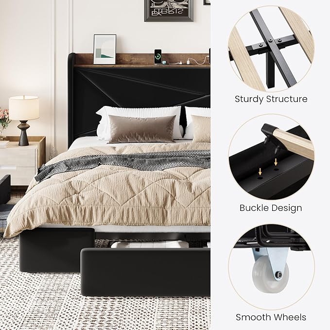 SHA CERLIN King Size Bed Frame with 3 Drawers, USB & Type-C Charging Ports, Velvet Upholstered Platform Bed with Modern Geometric Wingback Storage Headboard, No Box Spring Needed, Easy Assembly, Black