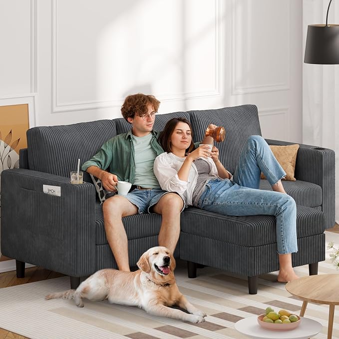 Upholstered Sectional Sofa and Couches, 78'' L Shaped 3-seat Sofa for Living Room, Apartment, Lounge,Bedroom-Washable Covers Convertible Sofas(Corduroy, Dark Gary)