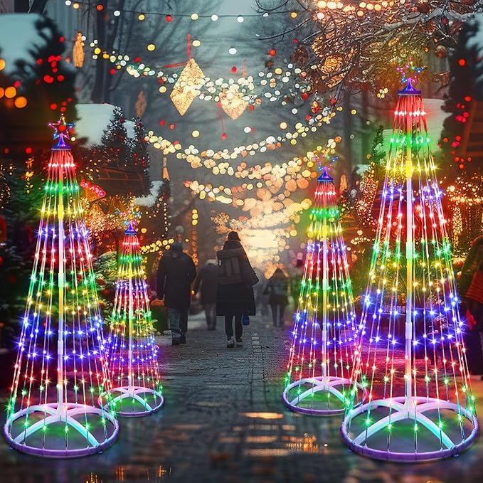 4 Pack 4/5/6/7 ft Christmas LED Cone Tree Lights Outdoor Decorations 24 Modes Color Changing with Timer Foldable Lighted Yard Trees Waterproof String Lights Holiday for Christmas New Year Xmas